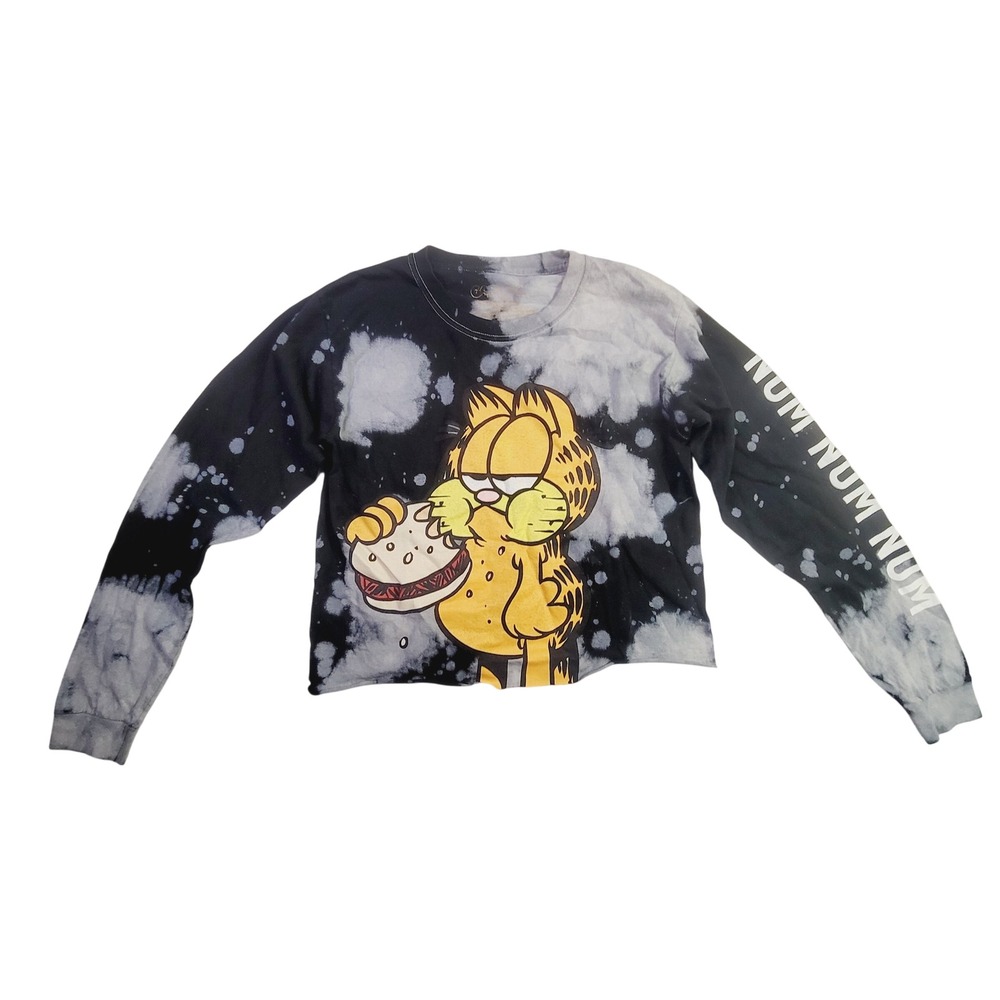 Garfield Women's Size S Long Sleeve Crop Top T-Shirt Black‎ Gray Tie Dye G77